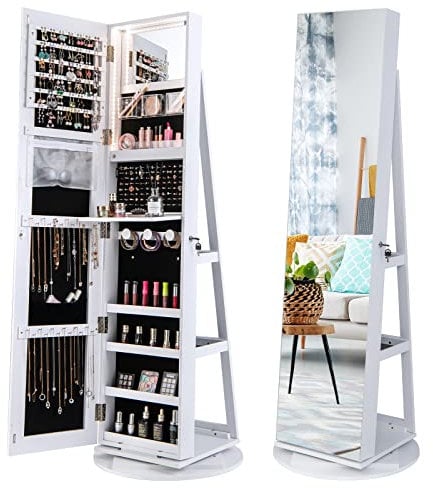 COSTWAY Armoire à Bijoux Pivotante à 360°, Rangement Bijoux Design 3 en 1 avec Miroir Pleine Longueur sans Cadre et Lumières LED 3 Couleurs, Style Nordique, Blanc