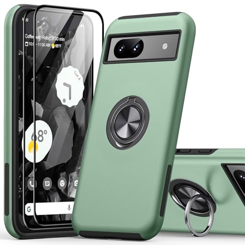 KOVASIA for Google Pixel 8A Case with 2-Pack Screen Protector, 360° Rotating Metal Ring Stand Anti-Scratch Shockproof Phone Cover 3-in-1 Set Phone Case for Google Pixel 8A 6.1, Green