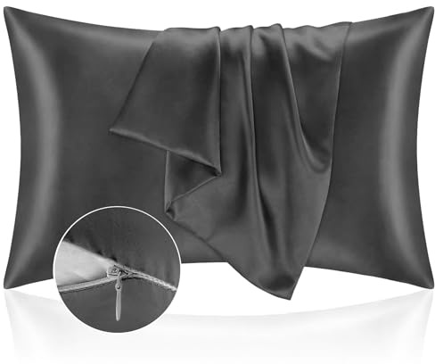 Kissenbezug Bett 50x90 aus Satin - Satinbezug Schützt Haut und Haare - Super Weich und Hypoallergen - 2er Set Kissenbezug mit Reißverschluss - Dunkelgrau