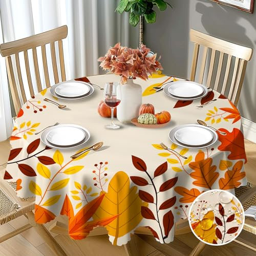 Herbst Tischdecke Rund 150 cm Abwaschbar Ahornblatt Tischdecke Fleckschutz Pflegeleicht Wasserdicht Tischtuch aus Polyester Tischdecken für Küche, Esstisch, Couchtisch, Party, Garten