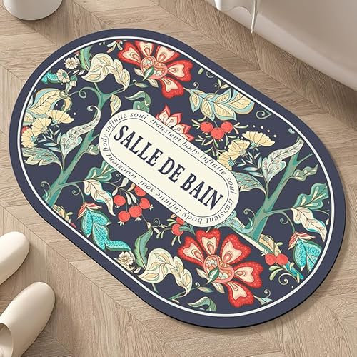 Badezimmerteppich 50X80Cm Blaue Und Rote Blumen Badteppich rutschfest Waschbar,Duschvorleger Schnelltrocknend,Stein Badematte,Diatomite Stone Bath Mat,Super Absorbierende Badvorleger