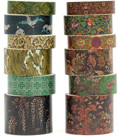 Songdao 12 rouleaux Chinoiserie Washi Tape Set, Ruban Adhésif Décoratif Œuvre d’art inspirée Feuille d’or Masking Tapes pour Arts, Bullet Journal, Scrapbooking, Bricolage, Emballage (Blossom Ridge)
