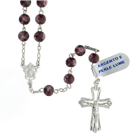 Rosenkranz aus 925er Silber und violetten Perlen mit Rosenmotiv, 6 mm