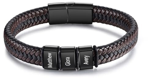 lorajewel Armband für Herren mit Gravur Personalisierte Geschenke für Männer Schwarz Edelstahl Lederarmband Herren mit Namen Geschenk für Vatertag Weihnachten Valentinstag (3 Namen)