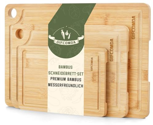 Gifcomda Set de 3 Tablas Cortar Cocina - Tablas de Cocina de Madera Gruesas con Canales de Drenaje y Asas - 38x25cm / 30x20cm / 23x15cm - Tablas de Cortar Madera para Carne, Fruta, Verdura y Pan