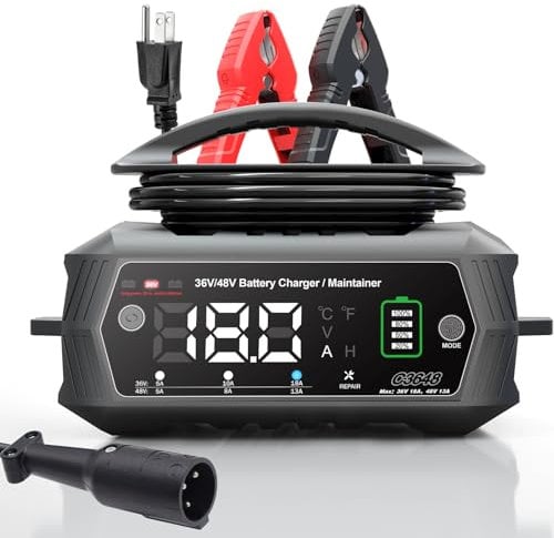 Golf Cart Battery Charger, 36 Volt 18 AMP/48 Volt 13 Amp Large Screen Golf Cart Charger for Club Car Golf Carts with 3 Pin Round Plug, Lithium, LiFePO4, Lead-Acid AGM/Gel/SLA Smart Battery