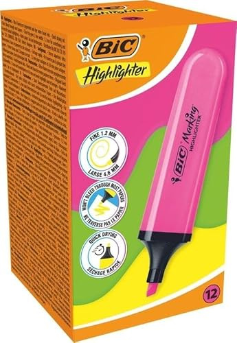 BIC Marking Flat Higlighter Textmarker, Box mit 12 Stück, rosa Textmarker, wasserbasiert, schnell trocknende Tinte
