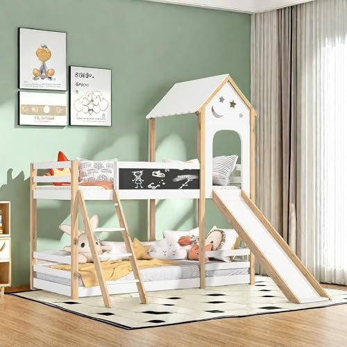 Lit superposé 90 x 200 cm, mezzanine, avec escalier et toboggan, cabane dans les arbres, cadre de lit avec protection anti-chute et grille, lit pour adolescent, sans matelas
