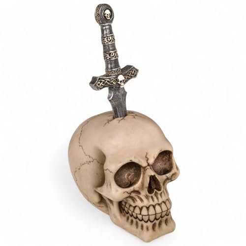 MIJOMA Spardose im Totenkopf-Design – Handbemalte Schädel-Spardose aus Polyresin mit Sicherheits-Schloss – Stilvolle Aufbewahrung für Ersparnisse (mit Schwert)