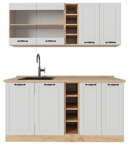 Vicco Singleküche R-Line, Weiß Landhaus/Goldkraft Eiche, 160 cm, AP Eiche