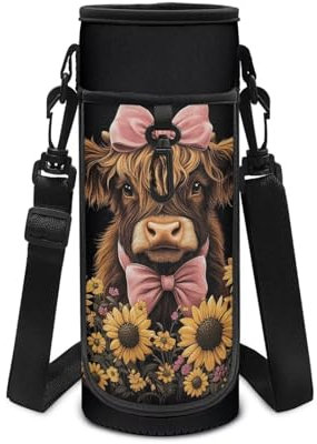 POLERO Highland Cow Water Bottle Holder Girls Cute Insulated Bottle Carrier Bag with Shoulder Strap Portable for School