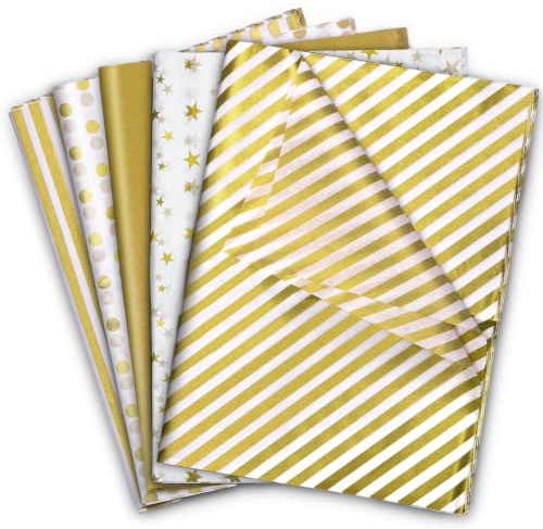 woric Seidenpapier für Geschenktüten, 50,8 x 35,6 cm, goldfarben, 120 Blatt | Seidenpapier mit Punkten, Streifen, Metallic-Gold, Weiß, für Cheer Bags DIY Handwerk Hochzeitstag Dekorationen