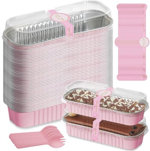 PRITOK 50Pcs Mini Loaf Pans with Lids and Spoons: 200ml Rectangular Aluminum Foil Baking Pans with Sealing Sticker, Mini Loaf Cake Cases for Bread Cake Wedding, Picnic or Birthday(Pink)