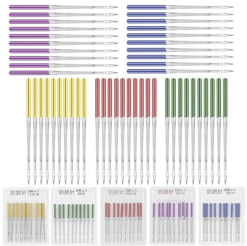 50 Stück Nähmaschinennadeln Universal - Nähnadeln Nähmaschine Set (110/18, 100/16, 90/14, 75/11, 65/9) - Jersey Nadeln für Nähmaschine Leder Jeans DIY Stoffreparatur Stickerei Alle Hausha