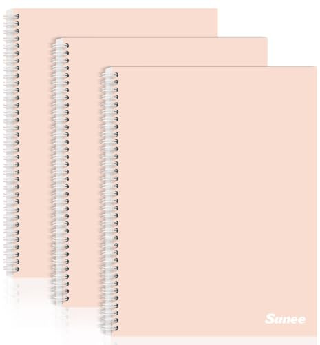 SUNEE A4 Notebook, Pack of 3 Notepads, Wirebound Notebooks, 80gsm Premium Paper, 100 Sheets / 200 Pages, 8mm Lined with Margin, 4-Hole Punched and Perforated Edge, Light Pink