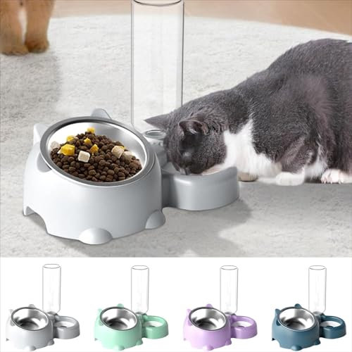 Ensemble de gamelles de nourriture et d'eau pour chat avec distributeur double gamelles automatique avec bouteille distributeur d'eau sans déversement - Gamelle amovible pour chiens ou chats (D)