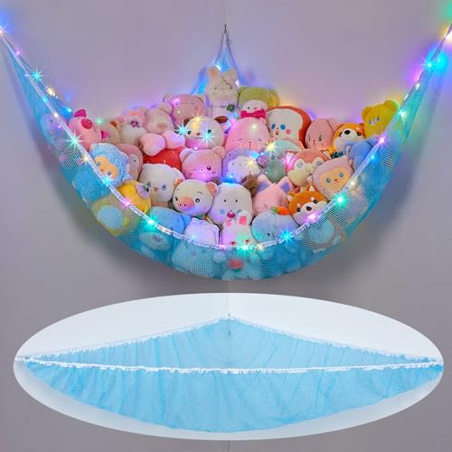 MHJY Toy Hammock for Stuffed Animals Soft Toy Storage Net with LED Light, Cuddly Toys Organizer Holder Large Corner Hanging Net Plush Macrame Kids Bedroom Nursery Furniture Room Decor