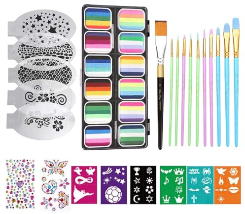 Renchey Kit De Maquillaje Facial Para Niños, Kit De Maquillaje Corporal Y Facial, Paleta De 12 Compartimentos Cosméticos Hidrosolubles Colores Para Niños Adolescentes Adultos Cosplay Y Fiestas
