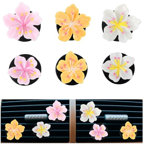 6 Pcs Cute Car Air Freshener Vent Clips Flower Air Vent Clips Pink Hawaiian Hibiscus And Cherry Blossom Car Accessories For Interior Aesthetic Decorations Pink, White, Yellow(Fragrance-free tablets)