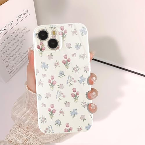 Phoona Pink Blue Flower Case for iPhone 14 6.1, Preppy Vintage Girly Aesthetic Pattern Design, Raised Camera Protection Bumper Soft Slim TPU Shockproof Protective Cover for Girls Women