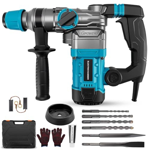 Yapasopu 3 in 1 trapano a percussione,1500W martello demolitore,Martello demolitore da 12 J,con 6 punte e scalpelli,diametro di foratura 40 mm,demolitore elettrico giunto antivibrante e di sicurezza