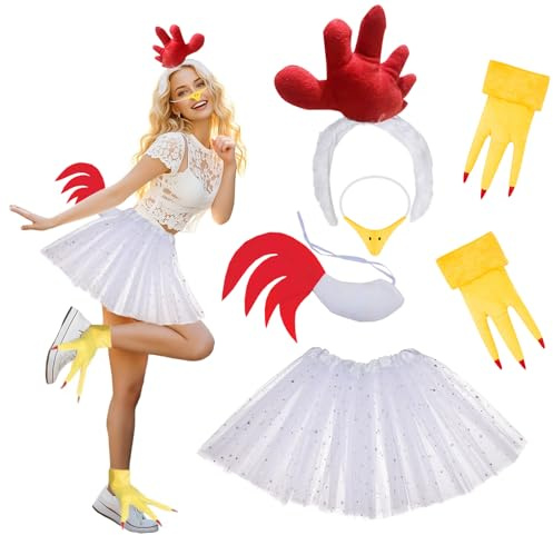 Orizizhic 6 accesorios de disfraz de pollo para adultos, disfraz de pollo para adultos con diadema, pie de pollo, pico, máscara nasal y vestido de lentejuelas para disfraz de animales, cosplay