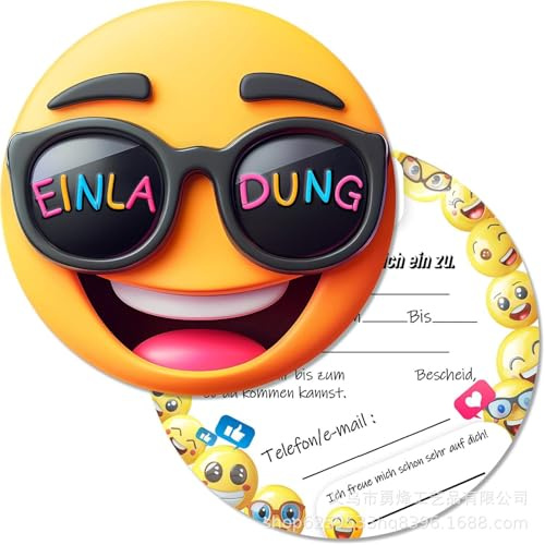 Vylara 15x Smiley Einladungskarten Kindergeburtstag - Emoji Party Karten, Lustige Smiley Einladungen für Kinder Geburtstag, Schulanfang, Kinderparty, Einschulung