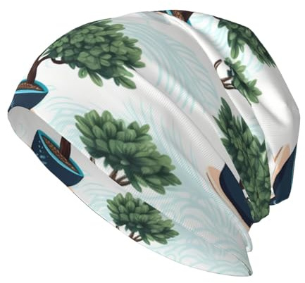 HJFCZH Bonsai Pflanzendruck Erwachsene Strickmütze Casual Bean Cap Elastische Krempe Hut Unisex Schwarz