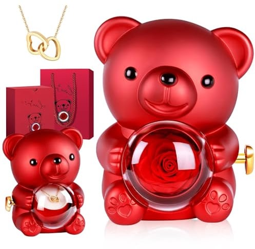 Nzkeuf Ours Rose Eternelle avec Collier, Ourson avec Rose Eternel, Boîte et Collier de Roses Rotatives en Fleurs Préservées, Cadeau Femme, Cadeau de Saint-Valentin, Fête des Mères, d'anniversaire