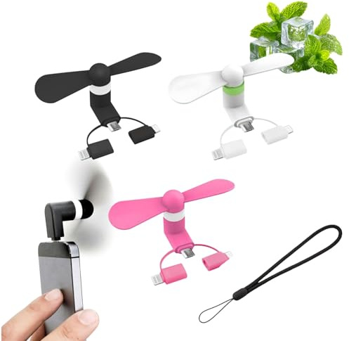 QEEROYO Mini Ventilador USB, 3 En 1 Ventilador Portable Del Teléfono Móvil, Ventiladores de Teléfono Mini Portátil, 3PCS Ventiladores Portátiles Y Flexibles(USB Tipo C/Conector iOS)