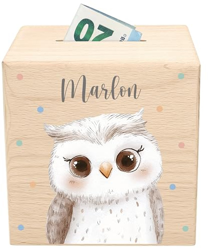 Eule Spardose für Kinder personalisierte Sparbox aus Holz Waldtiere Holzspardose mit Schlüssel Geldgeschenk für Jungen & Mädchen