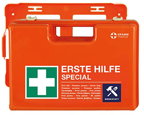 ACTIOMEDIC Erste-Hilfe-Kasten SPECIAL WERKSTATT, DIN 13157:2021, Notfallkoffer mit Wandhalterung, mehrsprachige Beschriftung, orange, 42 x 33 x 15 cm