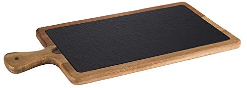 APS planche de service - 2-pcs, 41 x 20 cm, planche en bois rustique, planche à découper en bois d'acacia, planche en bois avec dessus en ardoise naturelle