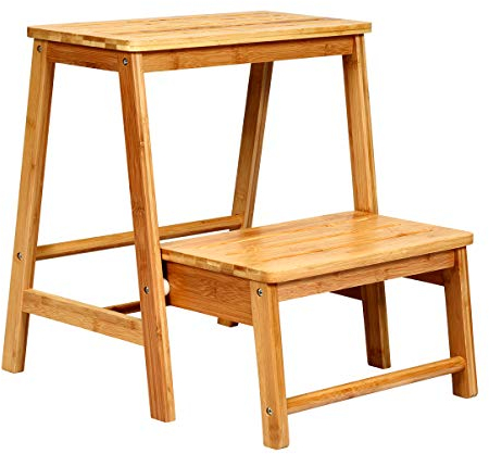 COSTWAY 2-Stufen Tritthocker klappbar, Leiterstuhl bis 100 kg belastbar, 48 cm hoch, Trittleiter Trittstuhl aus Bambus, Haushaltsleiter Natur, Hockerleiter für Bibliotheken oder Zuhause