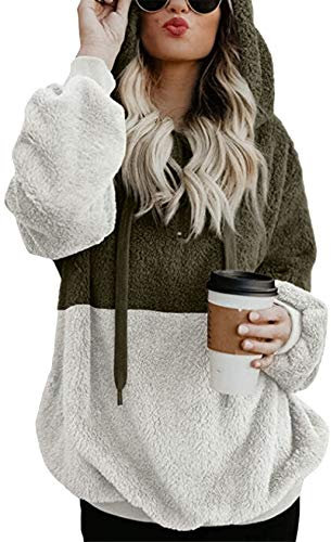 EFOFEI Damen Teddy Fleece Langarm Oversize Sweatshirt Warm Weich Hoodie Mädchen Pullover Seitentasche Flauschig Teddy Fleece Winterpullover Weiß Grün 4XL