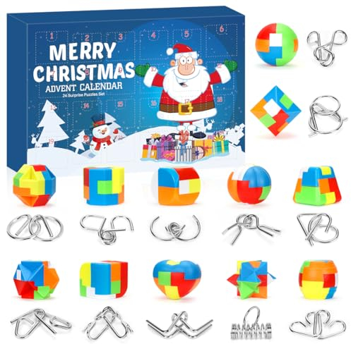 Adventskalender 2025 Knobelspiele, Adventskalender Kinder, Weihnachtskalender mit 24 Stück Plastik Metall Puzzle, Metallfäden Puzzle Plastikpuzzle Geschicklichkeitsspiele, für Kinder Erwachsene