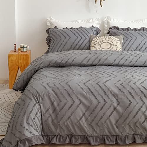 BAHALDEN Getufteter Bettbezug, Doppel-Sets, weicher und atmungsaktiver Bettbezug mit Reißverschluss, Stickerei, Boho-Bettwäsche mit Rüschen, Grau (172,7 x 228,6 cm)