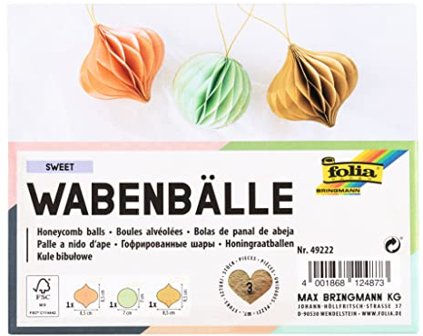 folia 49222 - Wabenbälle Sweet, Weihnachtsanhänger 3er Set, Durchmesser ca. 8 cm, faltbare Weihnachtsdeko für innen