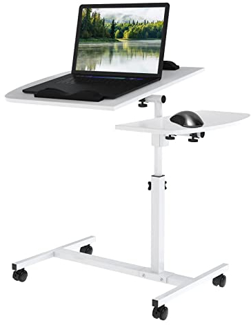 Lvhecforhm Laptoptisch Höhenverstellbar, Klappbarer Bett Beistelltisch Sofatisch mit Rollen, 360°Drehbar Heben Laptopständer, Holz Stehpult Laptop Tisch für Sofa 60*40CM, Kleiner Ablage für Maus(Weiß)