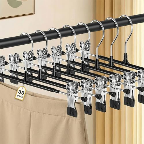 POZEAN Pants Hangers with Clips for Women 30 Pack, 12Inch Adjustable Heavy Duty Skirt Hangers, Space Saving Non-Slip Shorts Jeans Trousers Clothes Hangers, Black