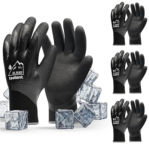 toolant Waterproof Winter Work Gloves, Double Nitrile Oil Resistant Grip | Thermal Insulation, Waterproof Protection in Freezer Work, Construction, Mechanics, Mining, Plumbing, 3 Pairs, Black, Large