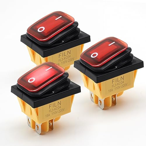 FILN 3Pcs 4 Pin Boot Marine Wasserdicht Ein Aus DPST Kippschalter Kippschalter 15A Heavy Duty 120V 220V LED Beleuchtet(220V, Wasserdicht KCD4 Rot-3)