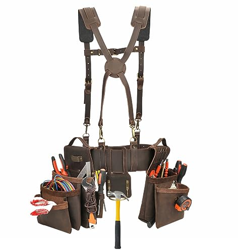 TOURBON Leather Carpenters Tool Belt with Suspenders Detachable Electrician Tool Pouches Work Apron Organiser