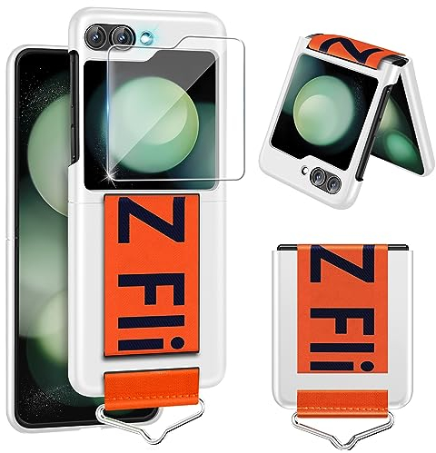 Handyhülle für Samsung Galaxy Z Flip 5 5G Hülle mit Schutzfolie, Dünn Folable Matt PC Panzerhülle Handy Tasche mit Ring Nylon Strap Handschlaufe Stoßfeste Schutzhülle für Samsung Z Flip5 (White)