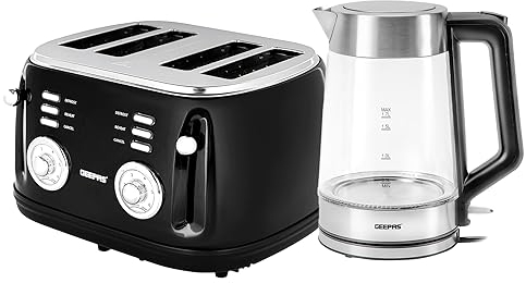 Geepas 4 Slice Bread Toaster & 1.7L Illuminating Electric Glass Kettle Combo Set | 1500W Toaster, 6 Level Browning Control | 3000W Cordless Glass Jug Kettle, Auto Shut Off & Boil Dry Sensor | Black