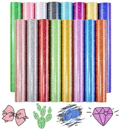 Tintnut Glitter HTV Heat Transfer Vinyl - 16 Sheets 12X12 Colorful Glitter Heat Transfer Vinyl Shinny Glitter Iron On Vinyl for T-Shirts Glitter HTV