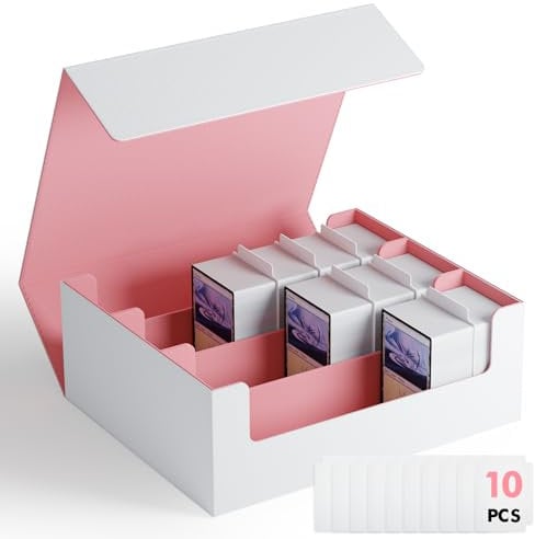 ZLCA Trading Card Storage Box for TCG Cards, Triple MTG Card Deck Box Holds 1800+ Cards, PU Leather Magnetic Closure Card Deck Case Organizer Box for Magic Commander Sports Cards (White&Pink)