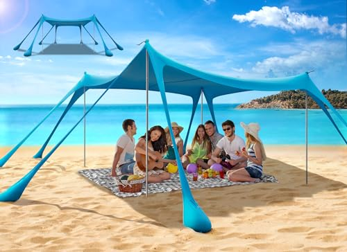 Carpa de Playa Familiar Beach Tent para Protección UV UPF50+, Toldo de Playa Carpas para Playa con 4 Bastones, Pala, Clavijas y Bolsa de Transporte para Playa, Camping, Pesca, 3X 3X 2M (Sky Blue)