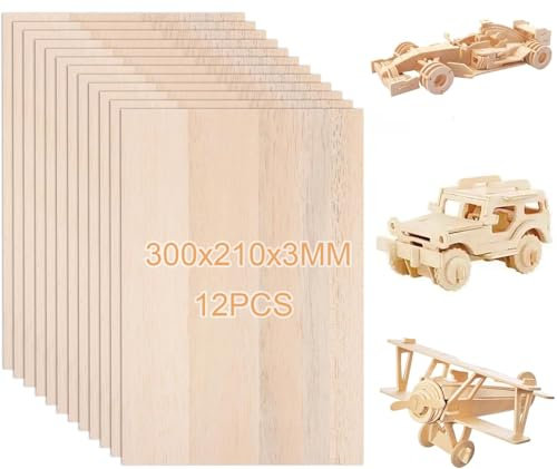 JMIATRY 12 pièces de bois de balsa 3mm, Panneau de bois de bricolage 300x210mm Panneau de bois de balsa Panneaux de bois de balsa pour la peinture, le modèle de bricolage, l'art et l'artisanat