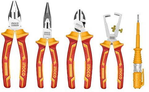 INGCO 5Pcs VDE Insulated Pliers Set, 1000V, 180mm Combination Plier, 160mm Diagonal Cutting Plier, 160mm Long Nose, Wire Stripping with Test Pencil